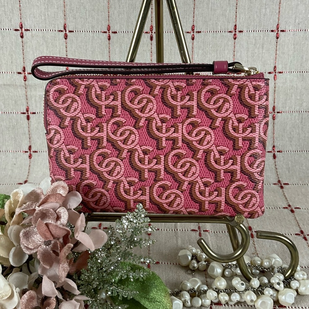 COACH Canvas & Leather Corner Zip Wristlet Small Wallet Clutch CF548 Pink Gold